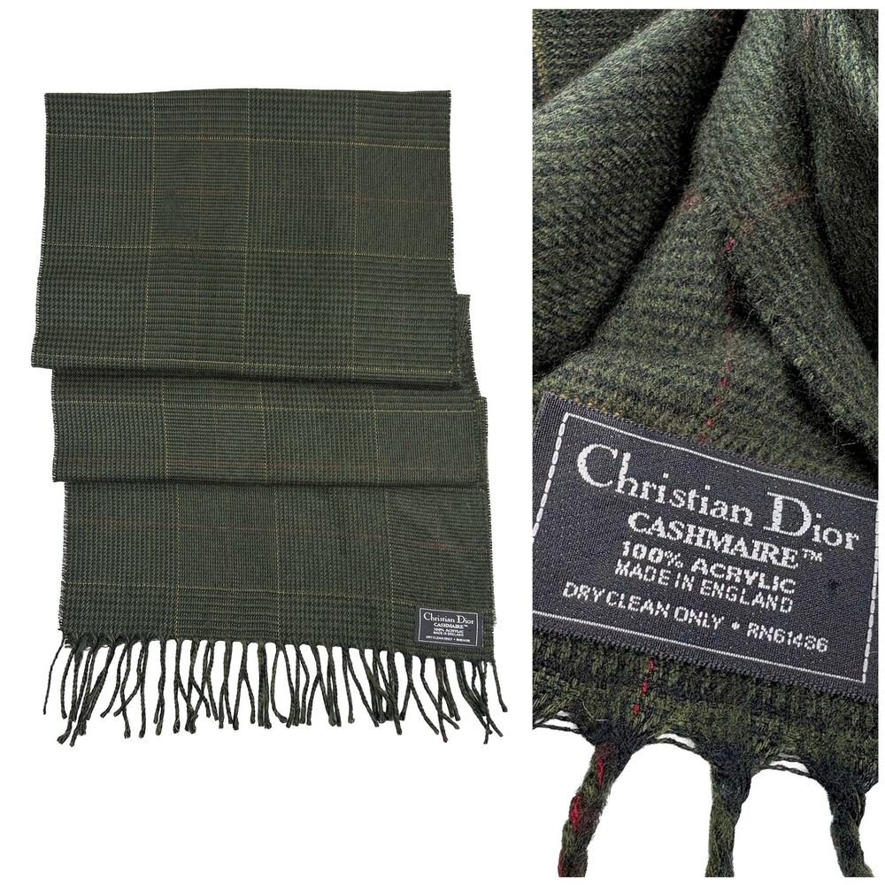 Christian Dior Cashmaire Scarf Green Plaid Fringe Made in England 72"x15"